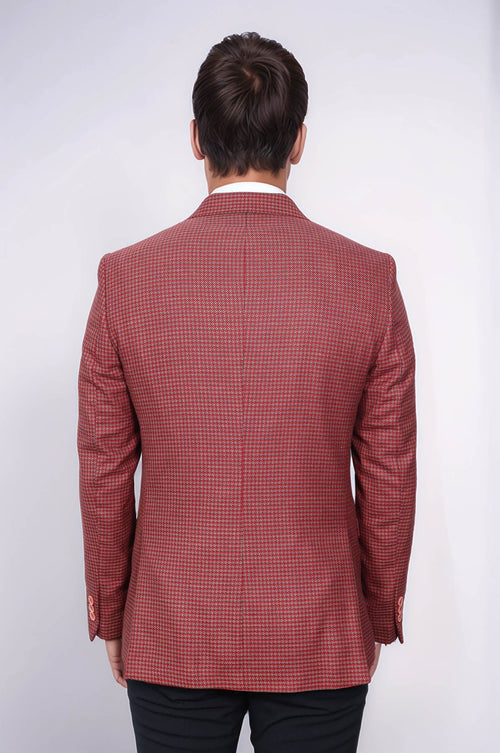 Patterned Claret Red Slim-Fit Blazer - Wessi