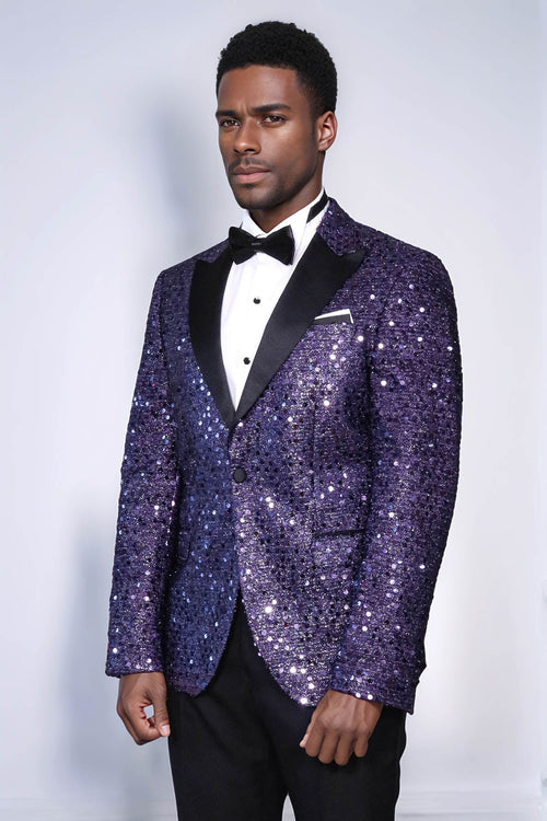 Glitter Pattern Purple Men Prom Blazer - Wessi