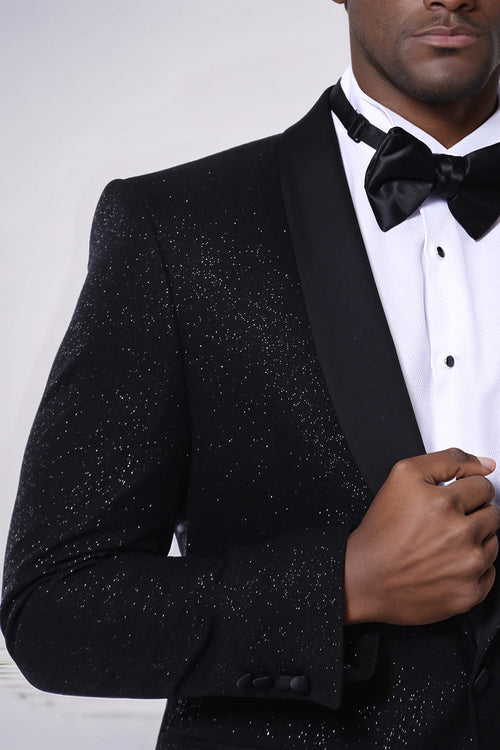 Black Shawl Lapel Sparkly Men Party Blazer - Wessi