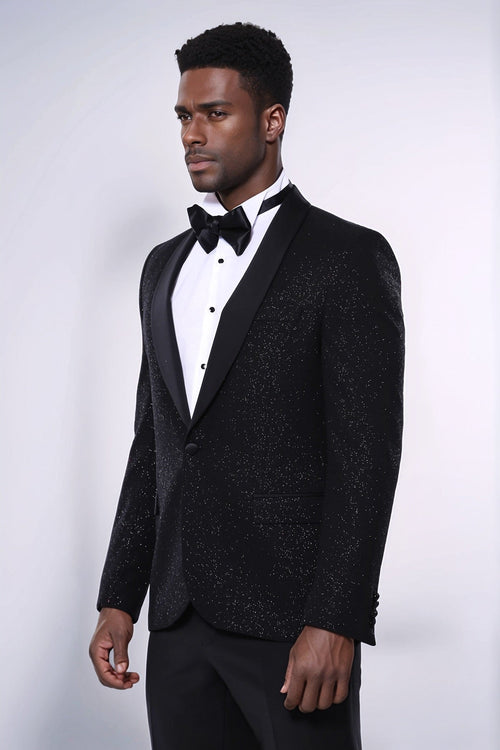 Black Shawl Lapel Sparkly Men Party Blazer - Wessi