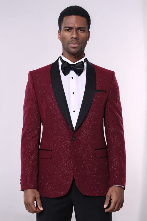 Burgundy Shawl Lapel Sparkly Men Tuxedo Jacket - Wessi