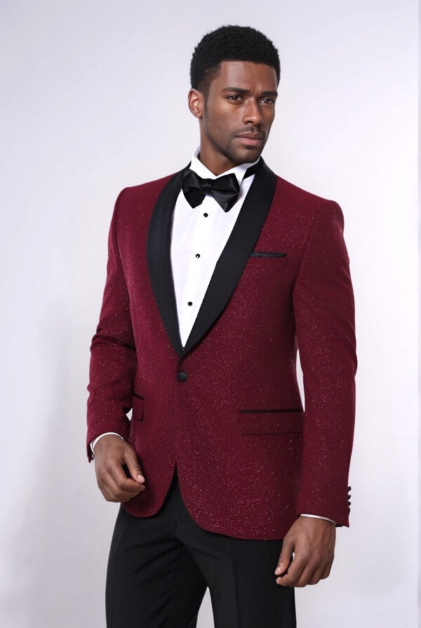 Burgundy Shawl Lapel Sparkly Men Tuxedo Jacket - Wessi