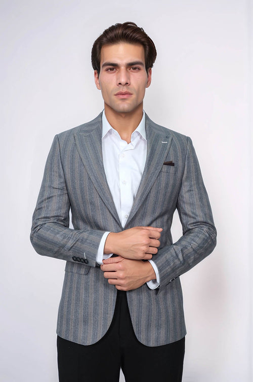 Striped Slim Fit Men Grey Blazer - Wessi