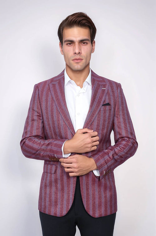 Striped Slim Fit Single Button Burgundy Men Blazer - Wessi