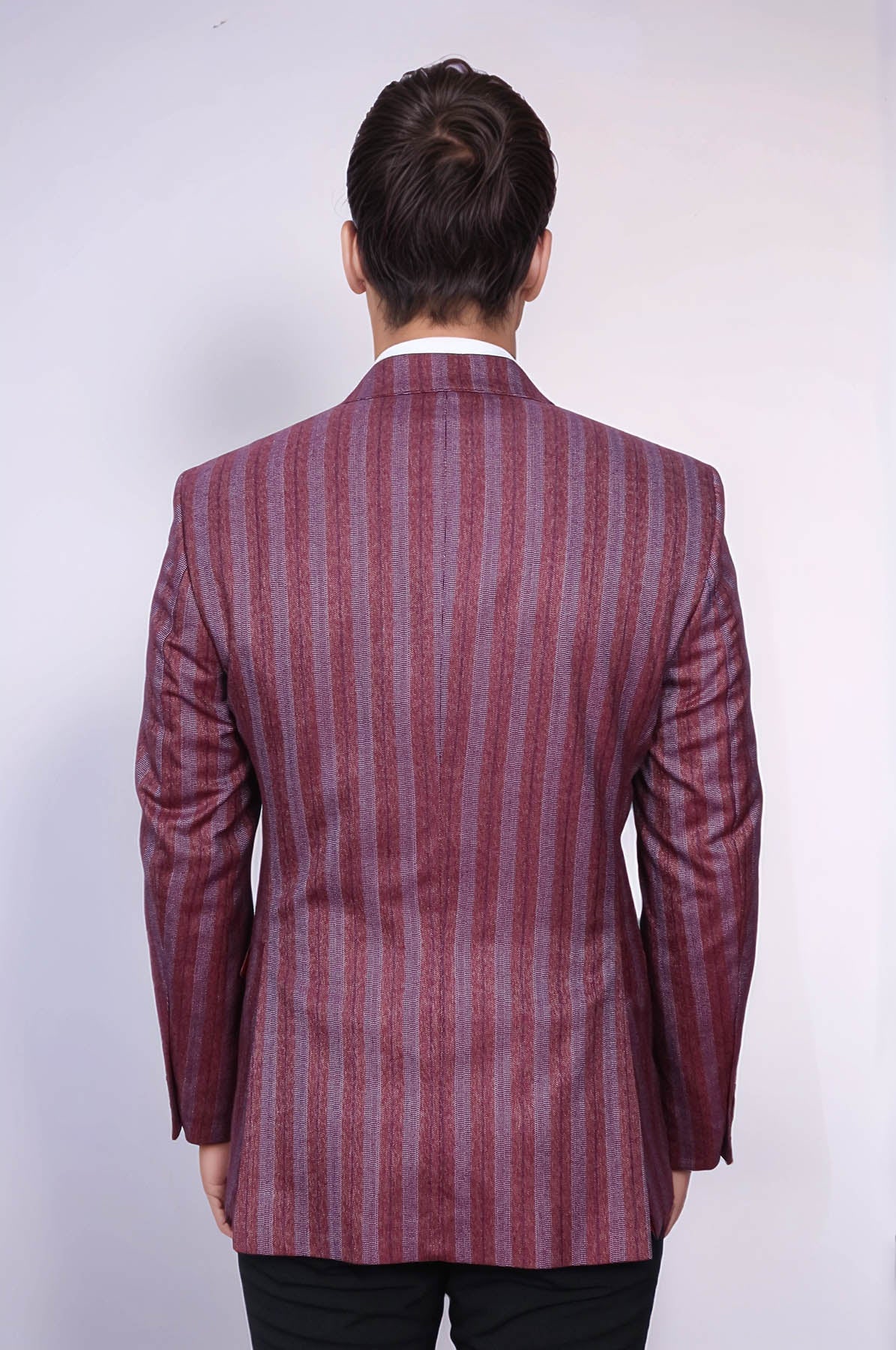 Striped Slim Fit Single Button Burgundy Men Blazer - Wessi
