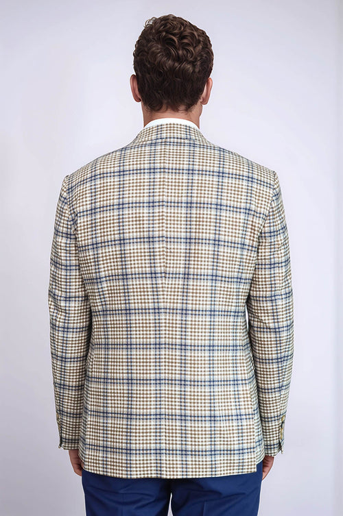 Plaid Slim-Fit Brown Blue Men Blazer - Wessi
