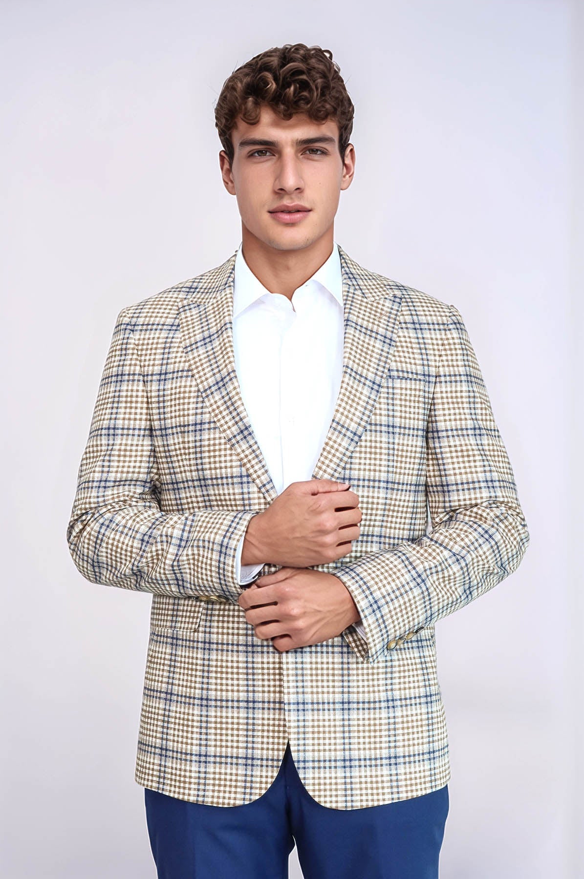 Plaid Slim-Fit Brown Blue Men Blazer - Wessi