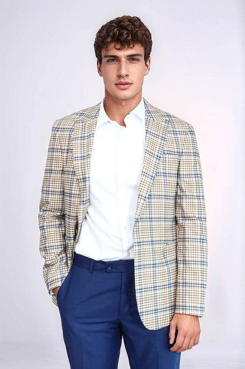 Plaid Slim-Fit Brown Blue Men Blazer - Wessi