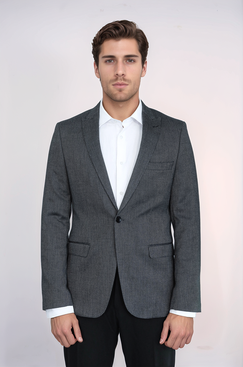 Patterned Slim-Fit Dark Grey Men Blazer - Wessi