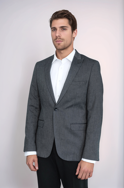 Patterned Slim-Fit Dark Grey Men Blazer - Wessi