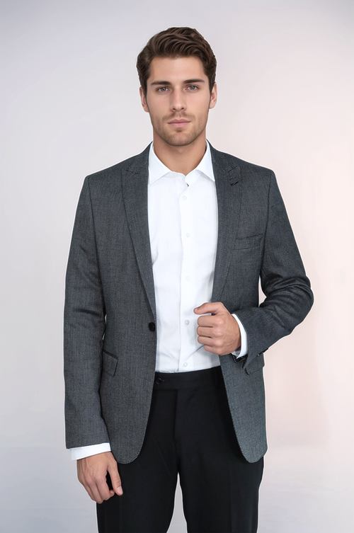 Patterned Slim-Fit Dark Grey Men Blazer - Wessi