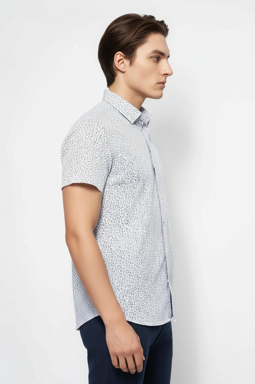 Blue Floral Patterned Short Sleeve White Men Shirt - Wessi