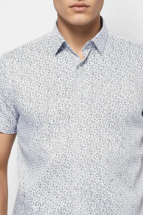 Blue Floral Patterned Short Sleeve White Men Shirt - Wessi
