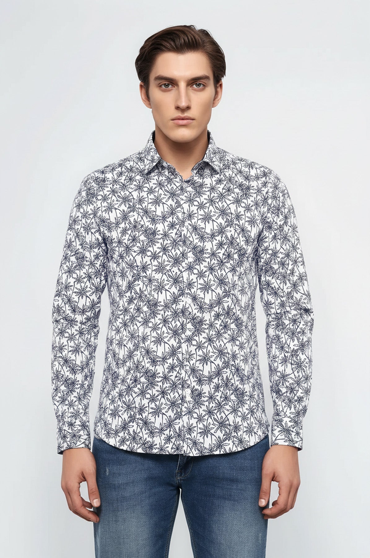 Blue Floral Patterned Long Sleeve White Men Shirt - Wessi
