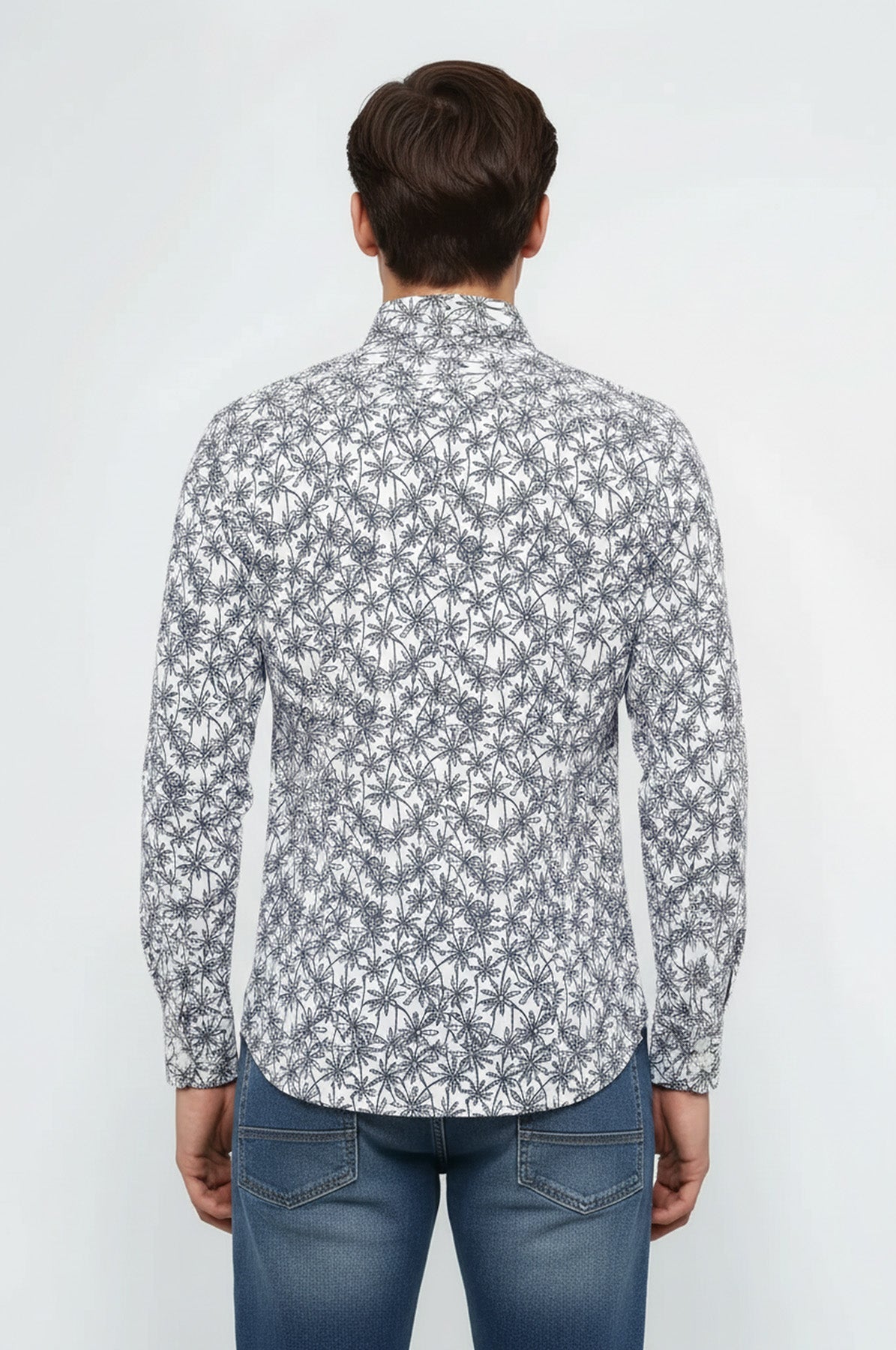 Blue Floral Patterned Long Sleeve White Men Shirt - Wessi