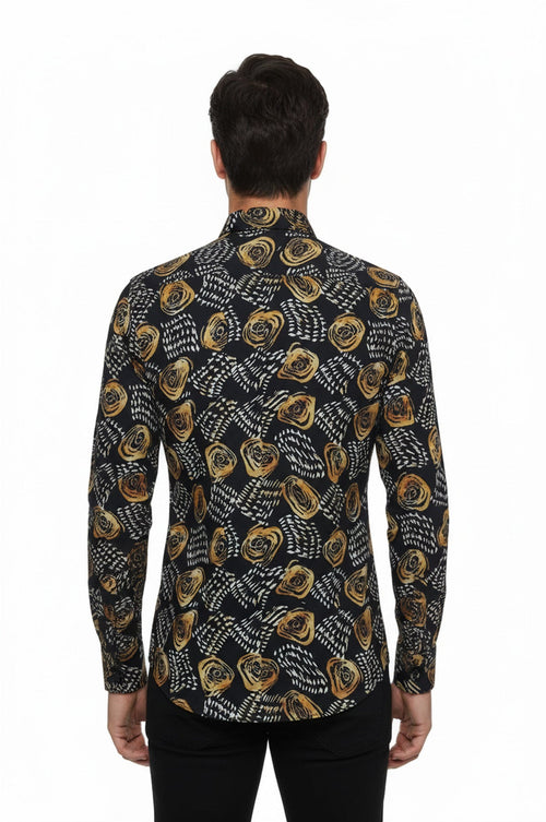 Floral Patterned Long Sleeves Slim Fit Black Men Shirt - Wessi