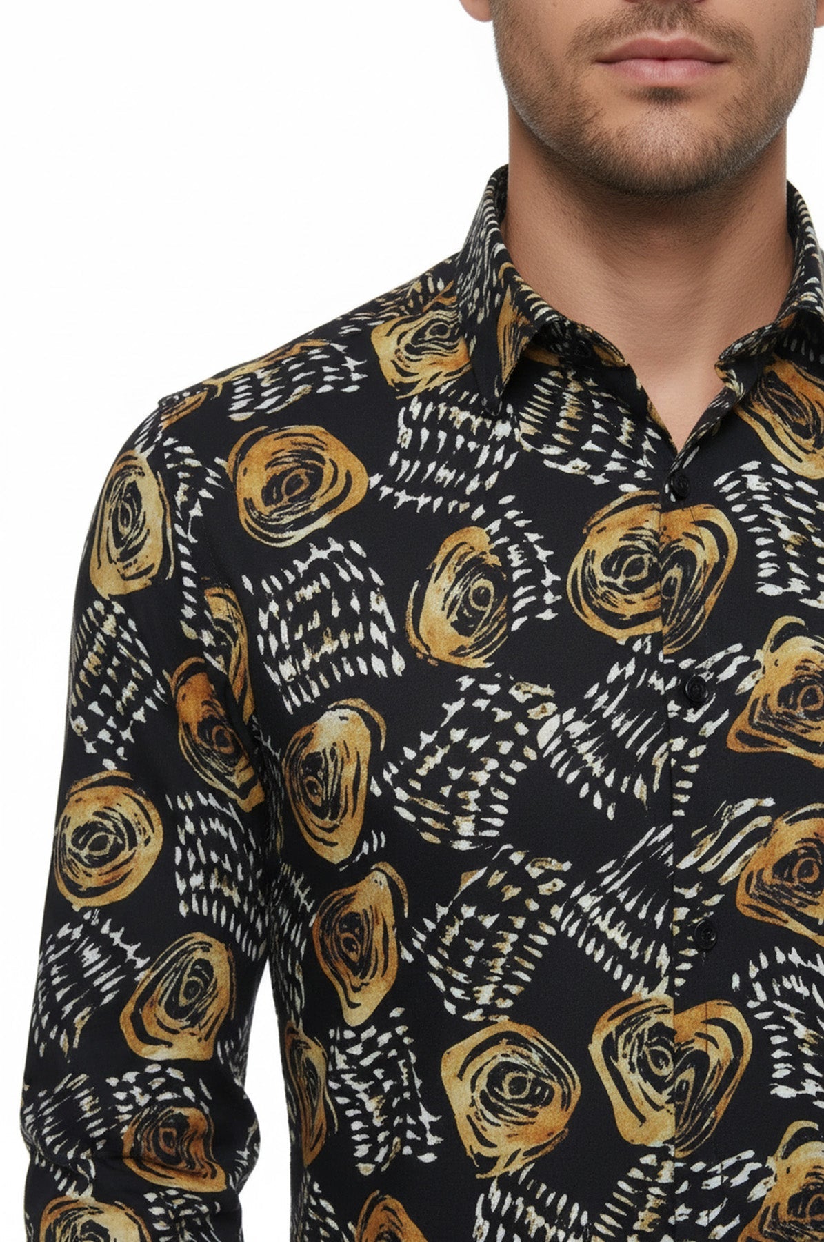 Floral Patterned Long Sleeves Slim Fit Black Men Shirt - Wessi