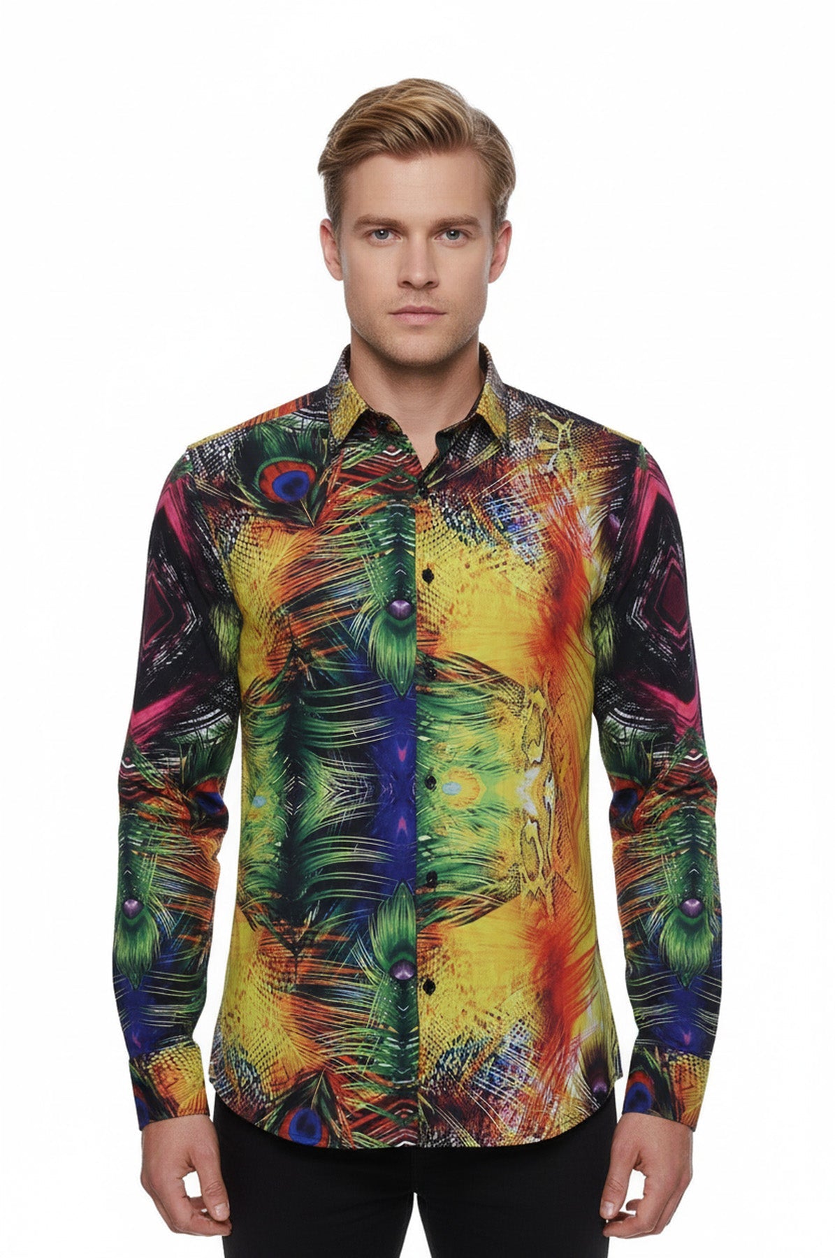 Peacock Pattern Long Sleeves Multicolor Men Shirt - Wessi
