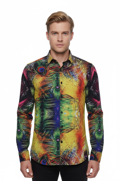 Peacock Pattern Long Sleeves Multicolor Men Shirt - Wessi