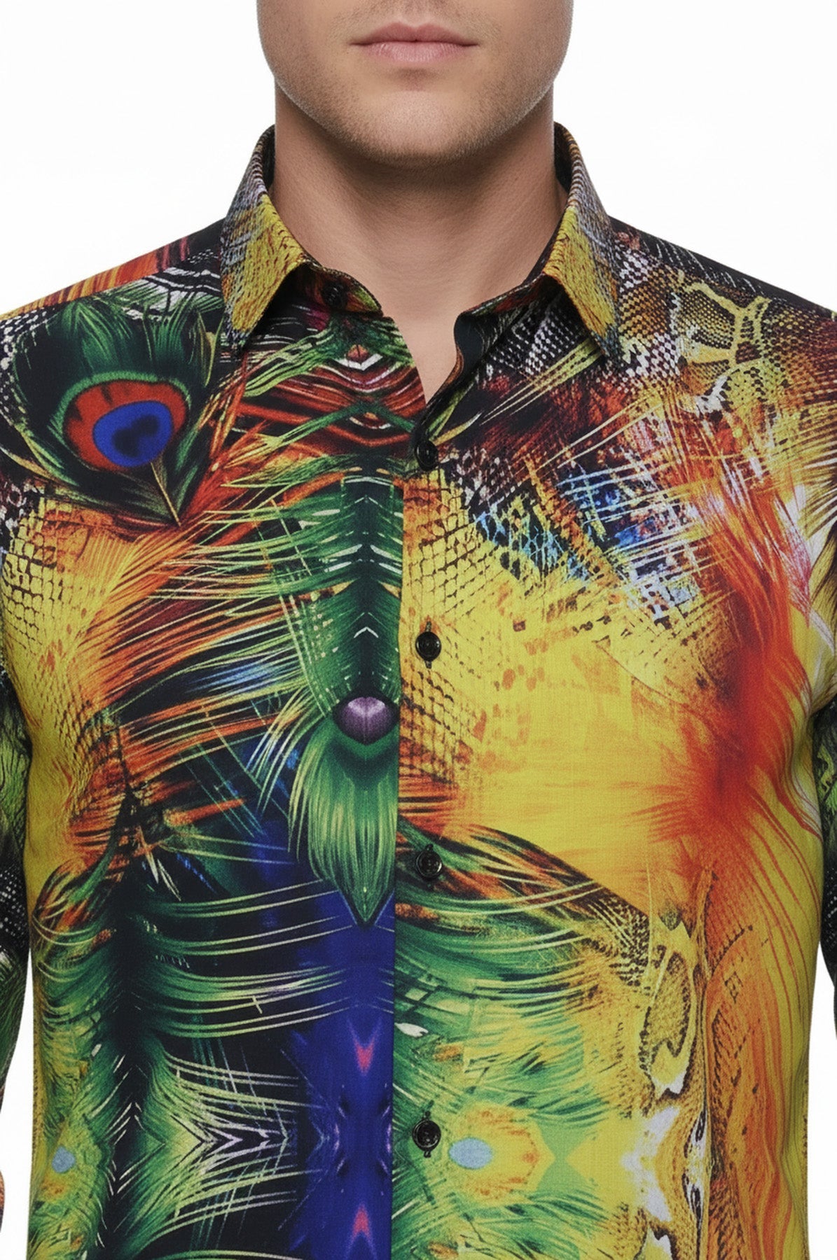 Peacock Pattern Long Sleeves Multicolor Men Shirt - Wessi