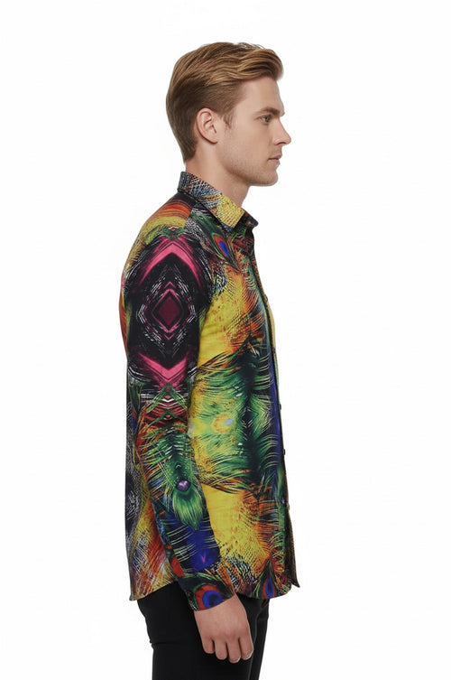 Peacock Pattern Long Sleeves Multicolor Men Shirt - Wessi