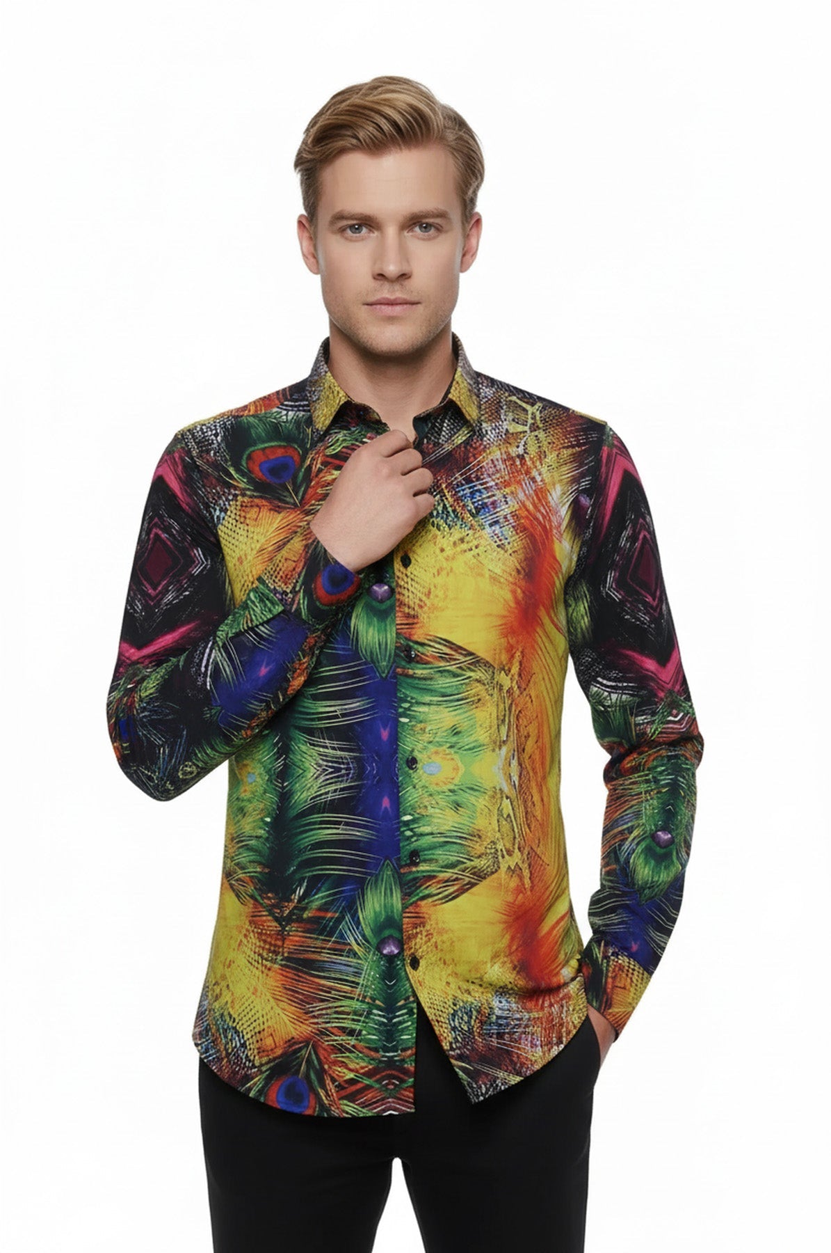 Peacock Pattern Long Sleeves Multicolor Men Shirt - Wessi