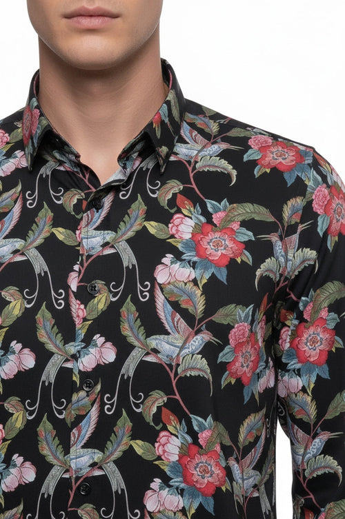 Hummingbird And Floral Patterned Long Sleeves Black Men Shirt - Wessi