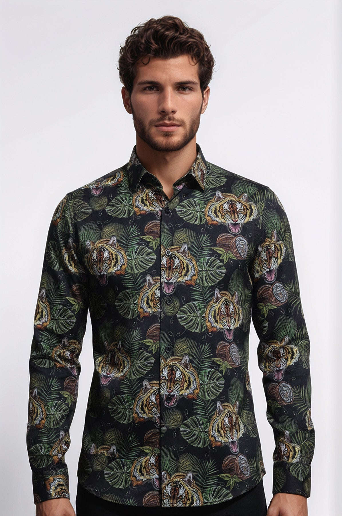 Yellow Black Leaf Patterned Long Sleeves White Men Shirt - Wessi