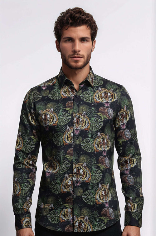 Yellow Black Leaf Patterned Long Sleeves White Men Shirt - Wessi