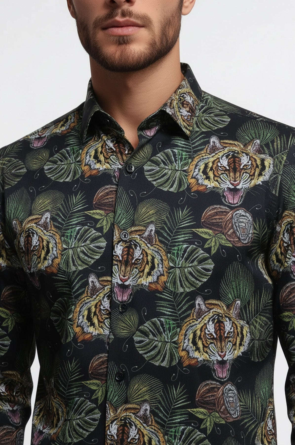 Yellow Black Leaf Patterned Long Sleeves White Men Shirt - Wessi