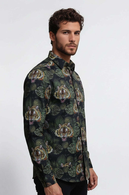 Yellow Black Leaf Patterned Long Sleeves White Men Shirt - Wessi
