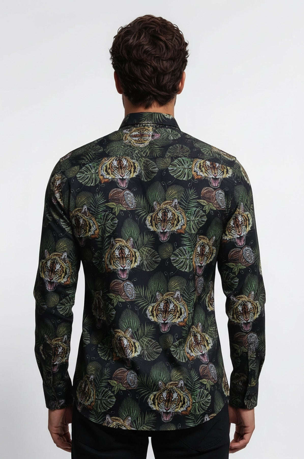 Yellow Black Leaf Patterned Long Sleeves White Men Shirt - Wessi