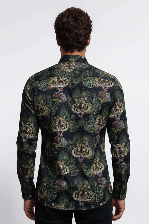 Yellow Black Leaf Patterned Long Sleeves White Men Shirt - Wessi