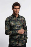 Yellow Black Leaf Patterned Long Sleeves White Men Shirt - Wessi