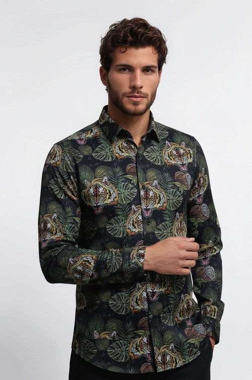 Yellow Black Leaf Patterned Long Sleeves White Men Shirt - Wessi