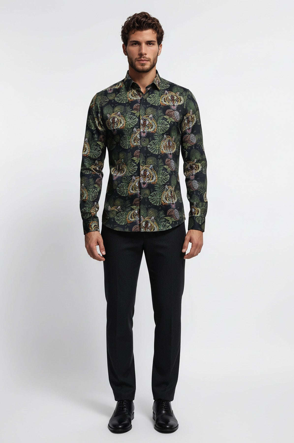 Yellow Black Leaf Patterned Long Sleeves White Men Shirt - Wessi