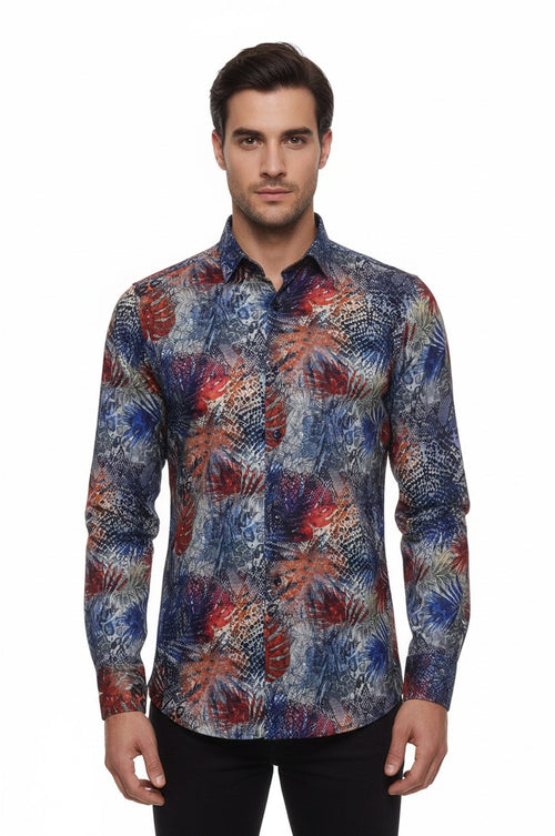 Red Leaf Patterned Navy Blue Men Shirt - Wessi
