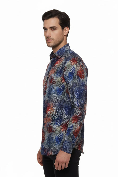 Red Leaf Patterned Navy Blue Men Shirt - Wessi