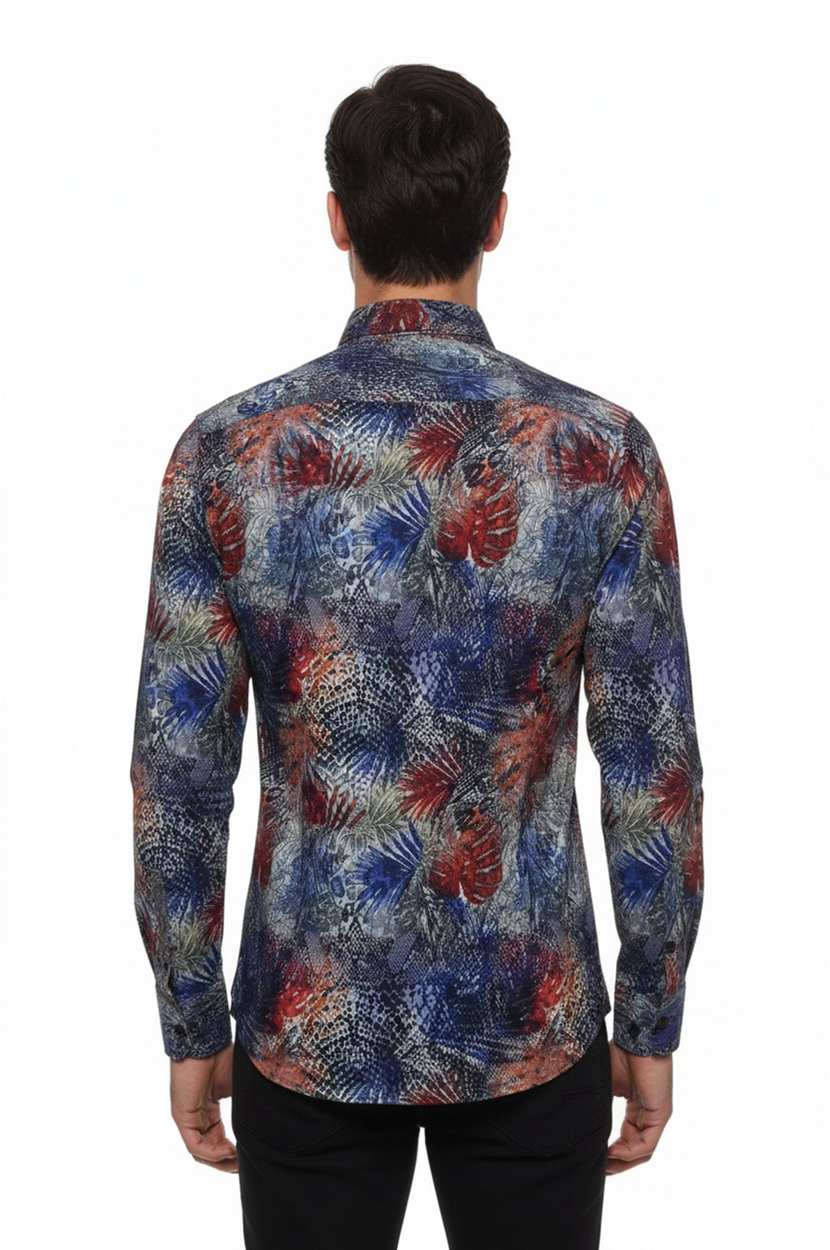 Red Leaf Patterned Navy Blue Men Shirt - Wessi