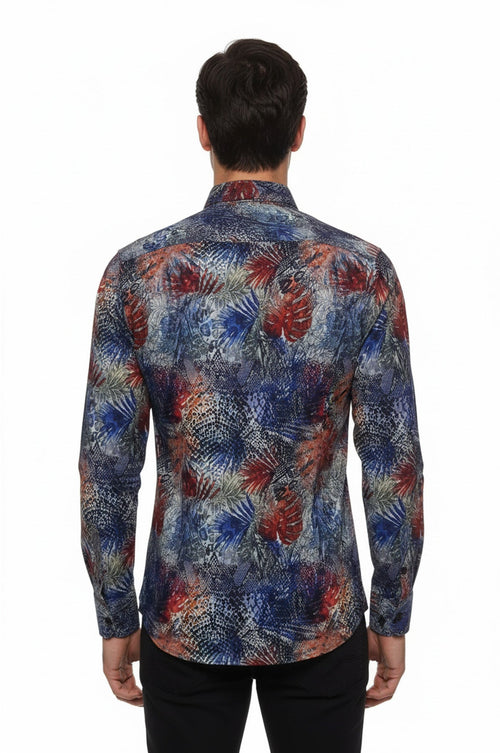 Red Leaf Patterned Navy Blue Men Shirt - Wessi