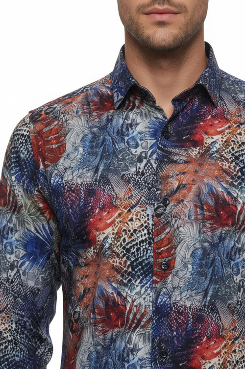 Red Leaf Patterned Navy Blue Men Shirt - Wessi