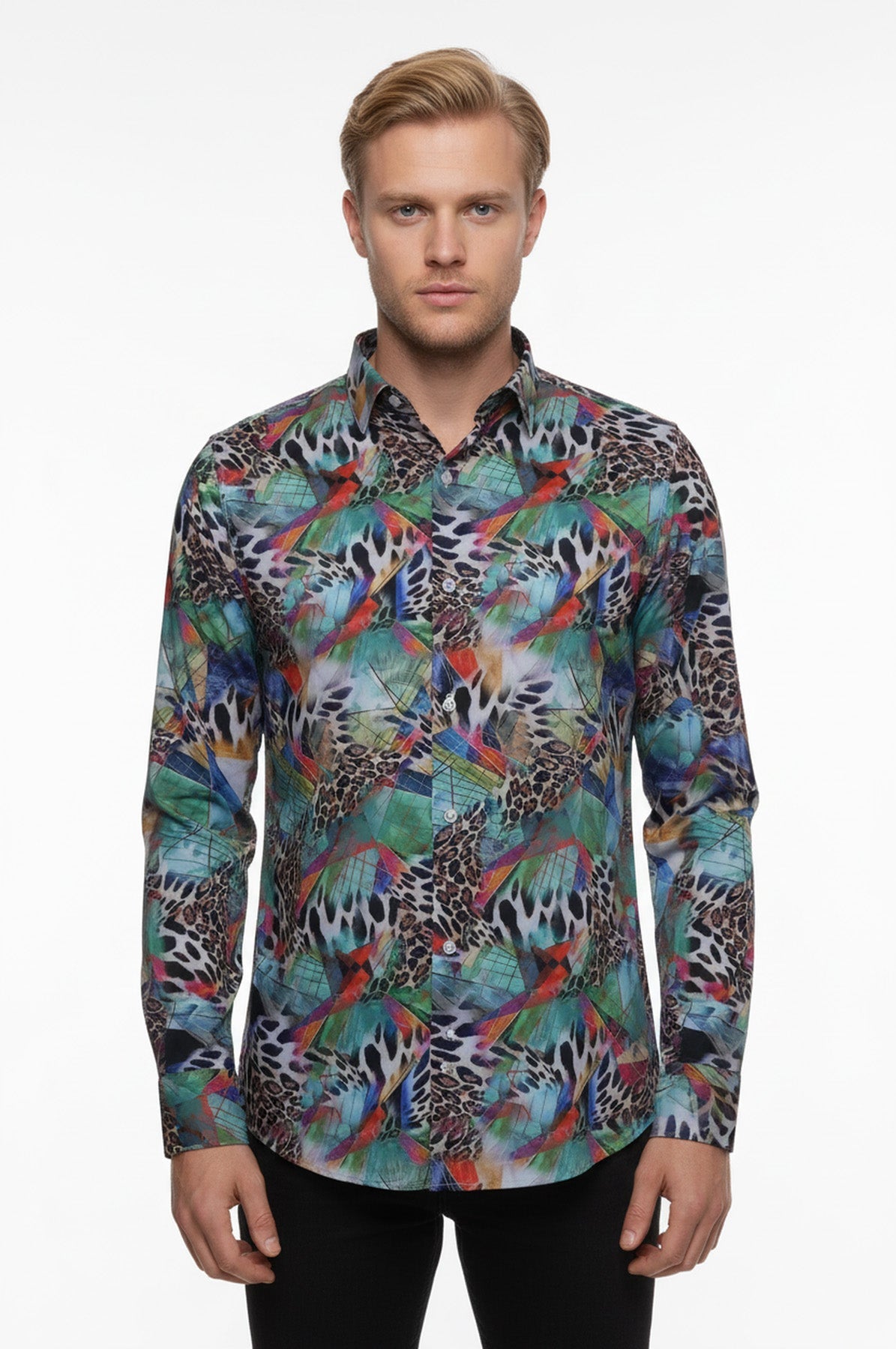 Leopard Pattern Slim Fit Long Sleeves Multicolor Men Shirt - Wessi