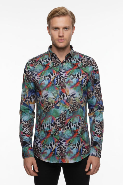 Leopard Pattern Slim Fit Long Sleeves Multicolor Men Shirt - Wessi