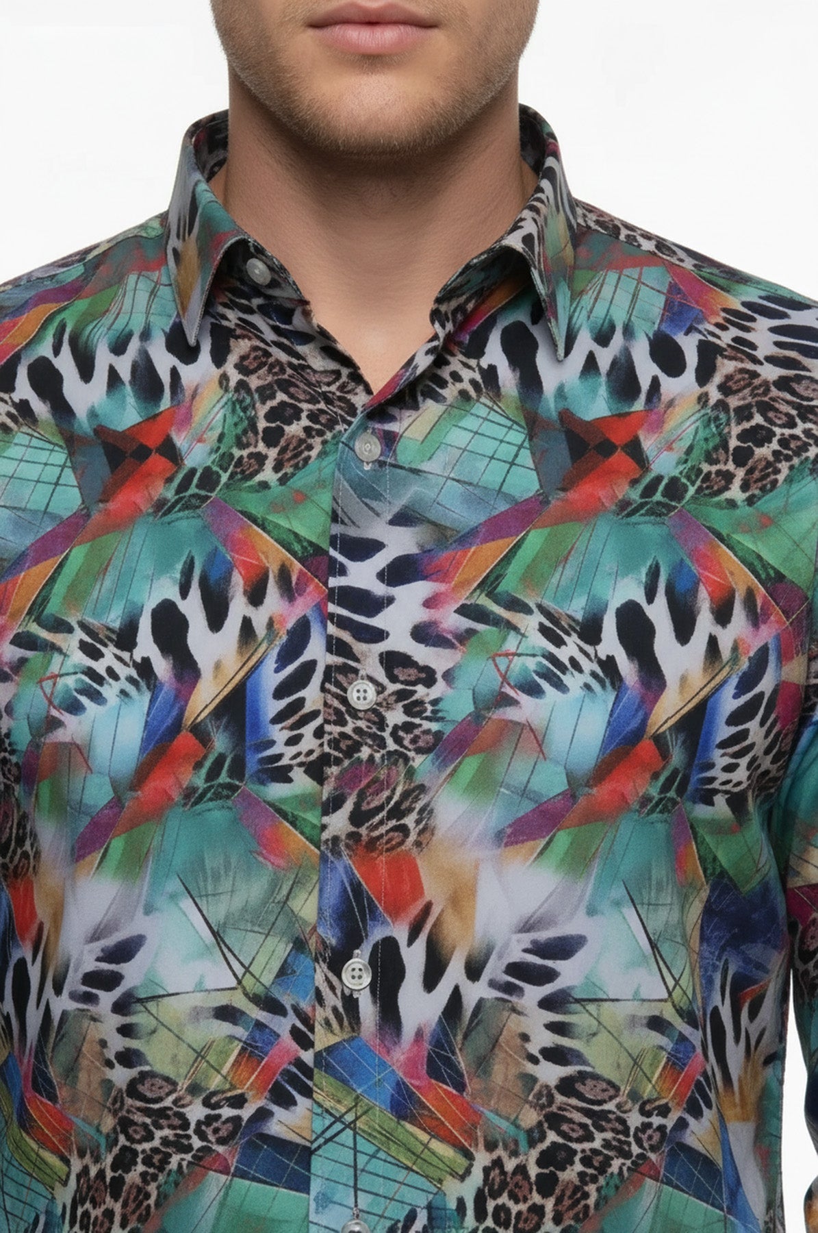 Leopard Pattern Slim Fit Long Sleeves Multicolor Men Shirt - Wessi