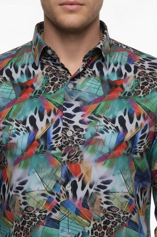 Leopard Pattern Slim Fit Long Sleeves Multicolor Men Shirt - Wessi