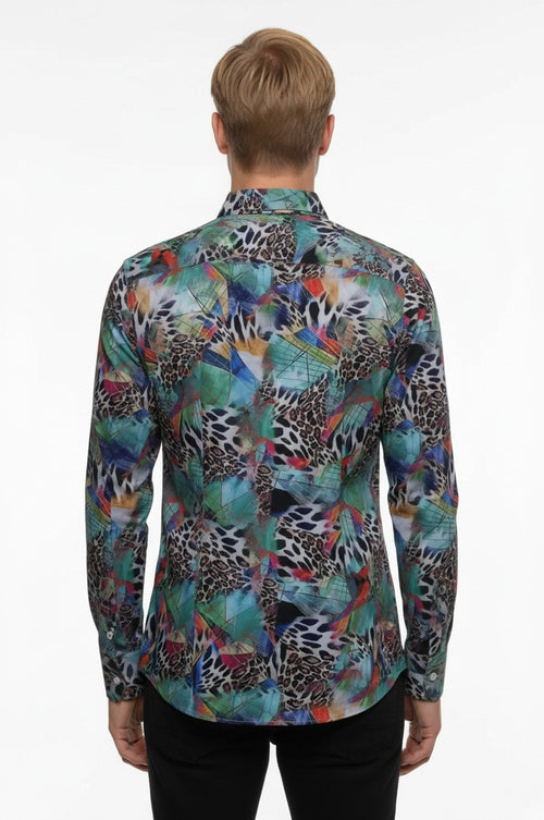Leopard Pattern Slim Fit Long Sleeves Multicolor Men Shirt - Wessi