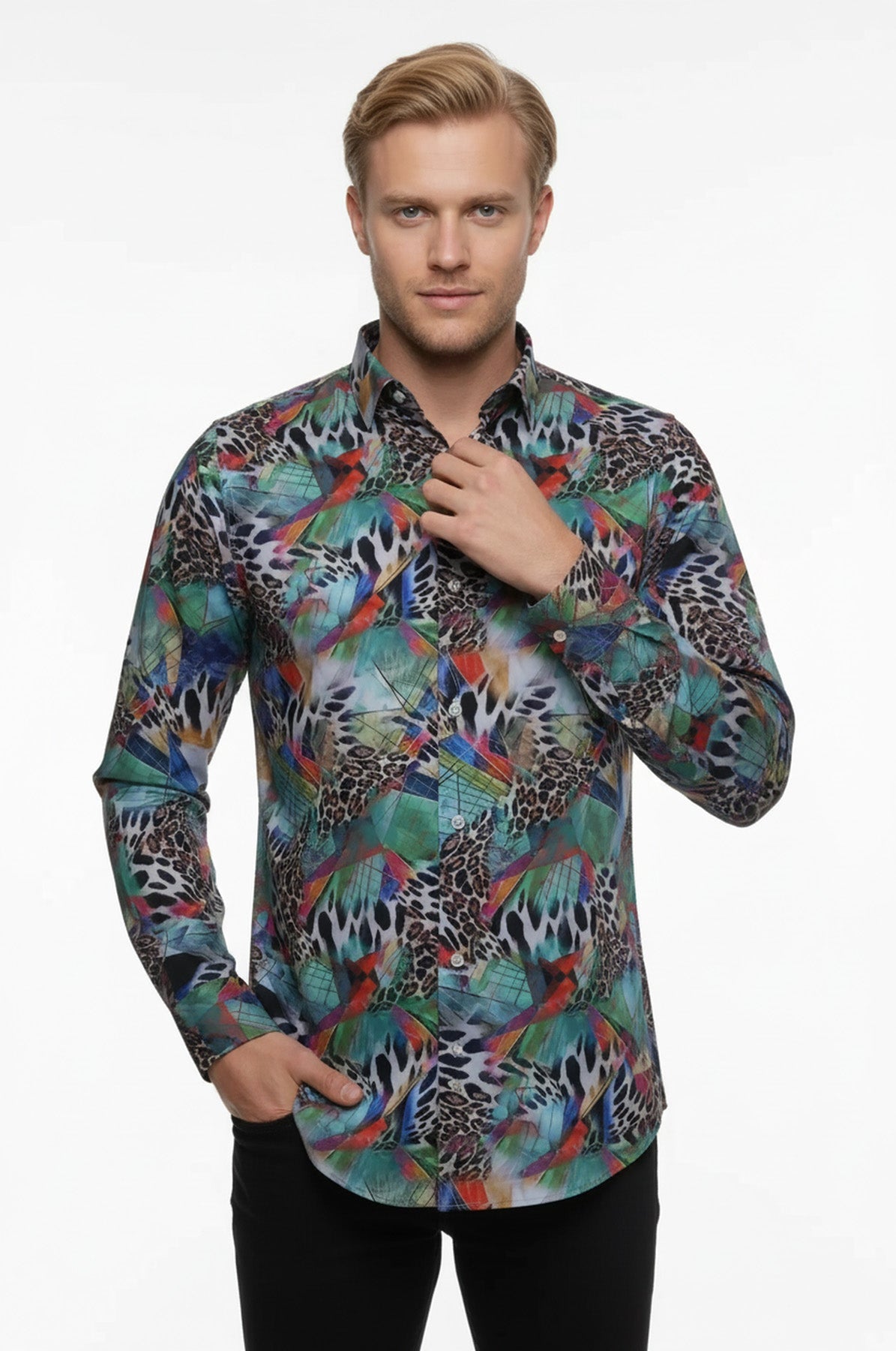 Leopard Pattern Slim Fit Long Sleeves Multicolor Men Shirt - Wessi