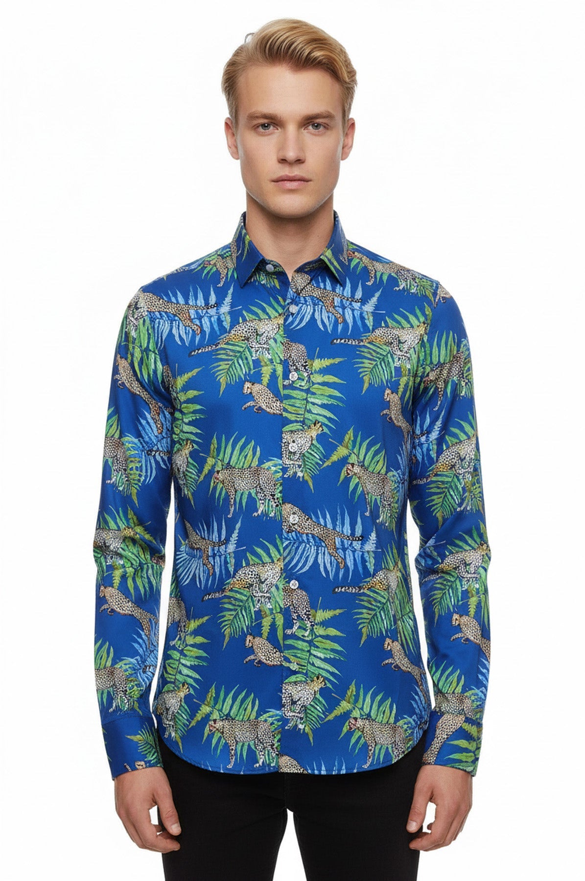 Tiger Patterned Slim Fit Long Sleeves Blue Men Shirt - Wessi