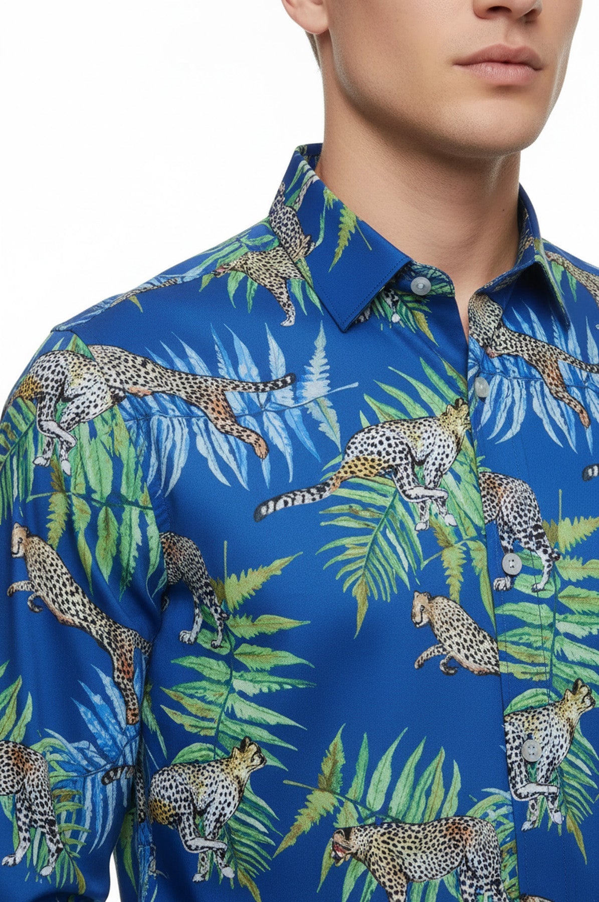 Tiger Patterned Slim Fit Long Sleeves Blue Men Shirt - Wessi
