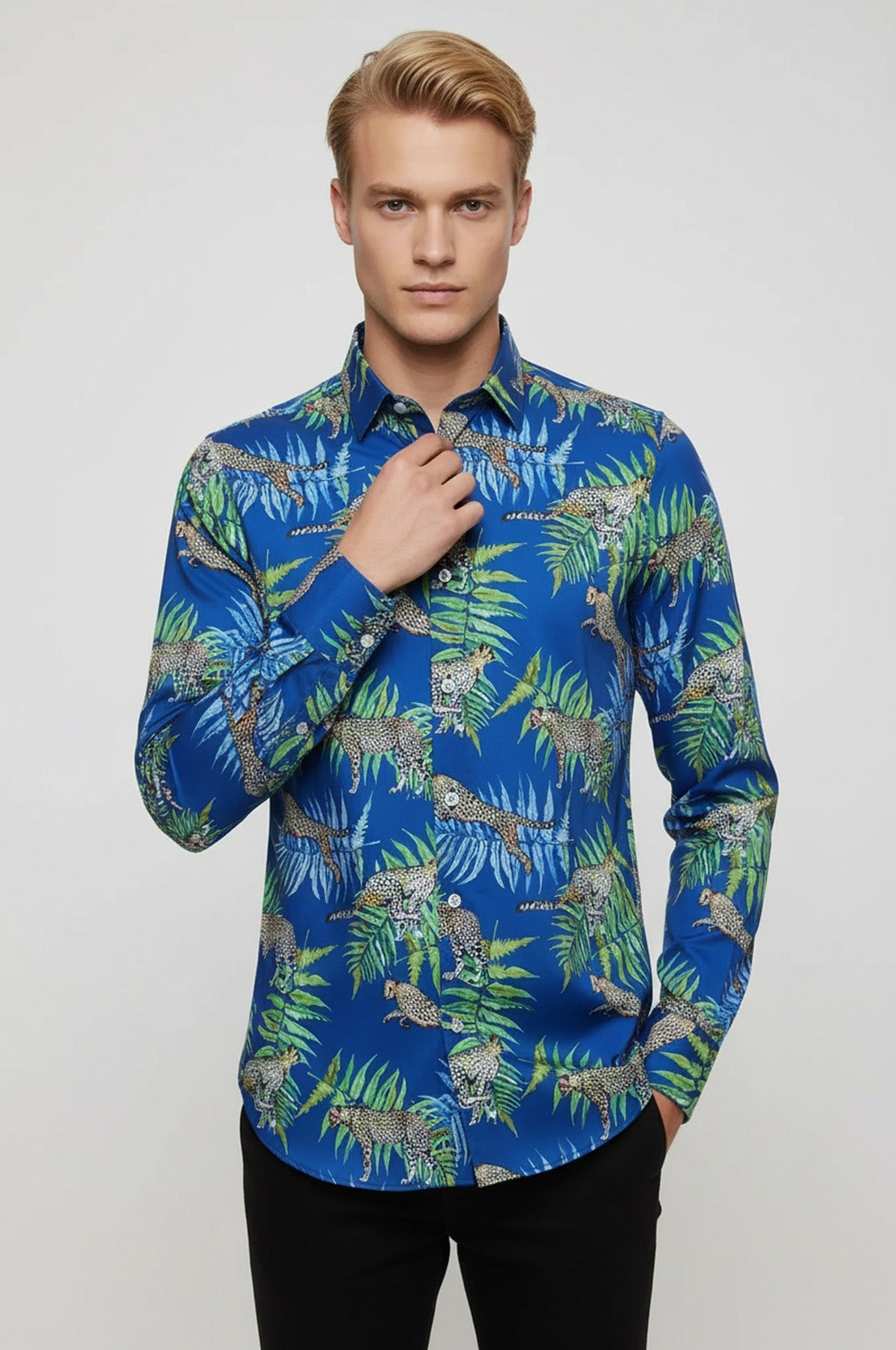 Tiger Patterned Slim Fit Long Sleeves Blue Men Shirt - Wessi